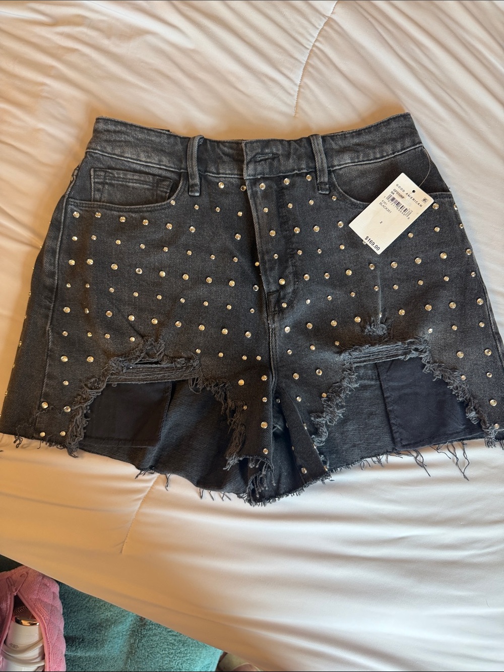 Good American Black Studded Distressed Denim Shorts
